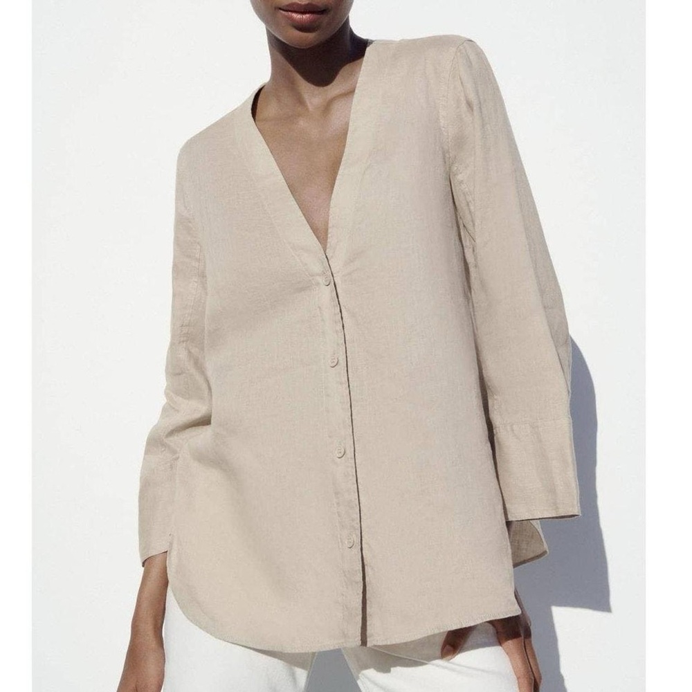 Zara Linen Long Sleeve Womens Button Down Shirt Oatmeal Natural XS. NWT